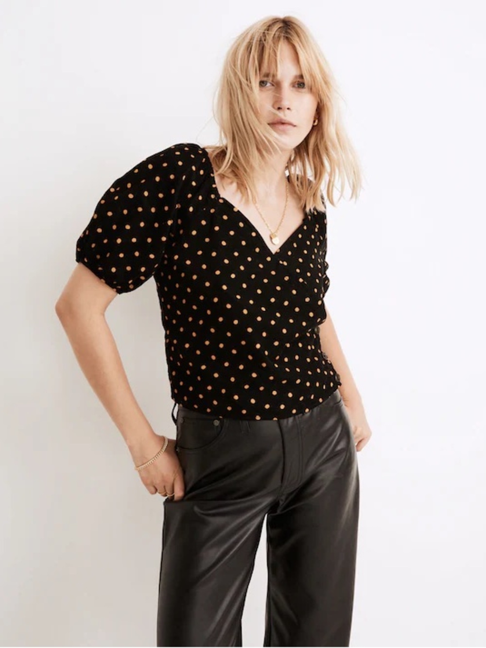 NWT Madewell Corduroy Puff-Sleeve Wrap Top in polkaDot size M